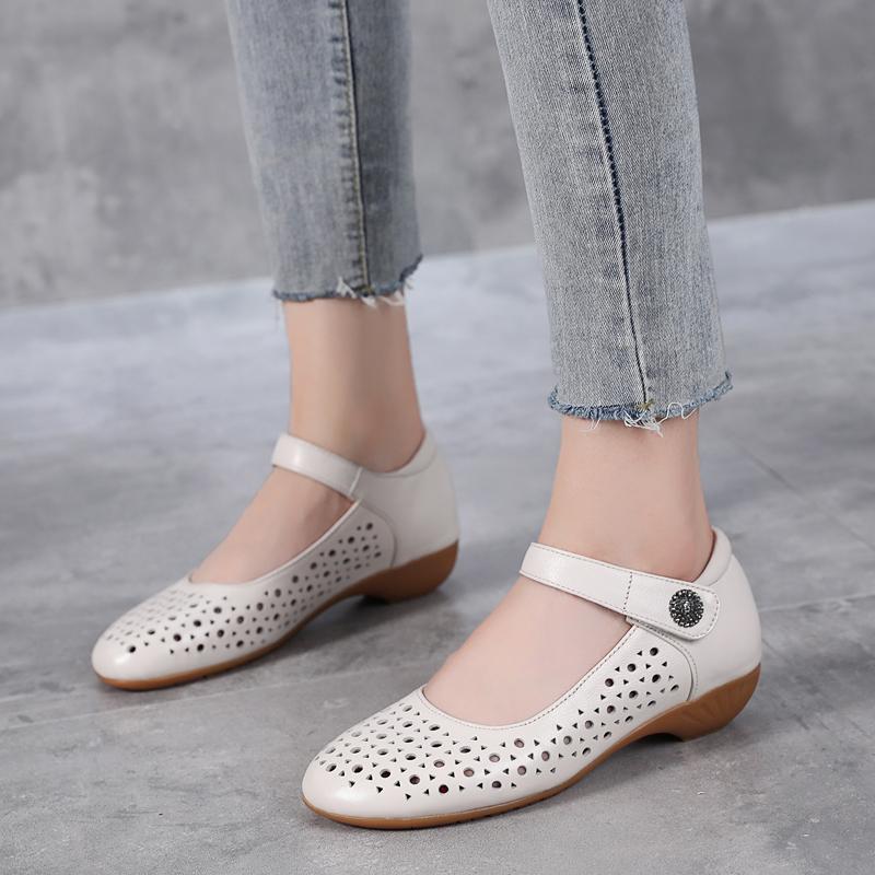 Fashion GKTINOO Genuine Leather Ladies Flat Summer Shoes Woman Slip On Casual Loafers Hollow Out Round Toe Soft Comfort Sandals Female