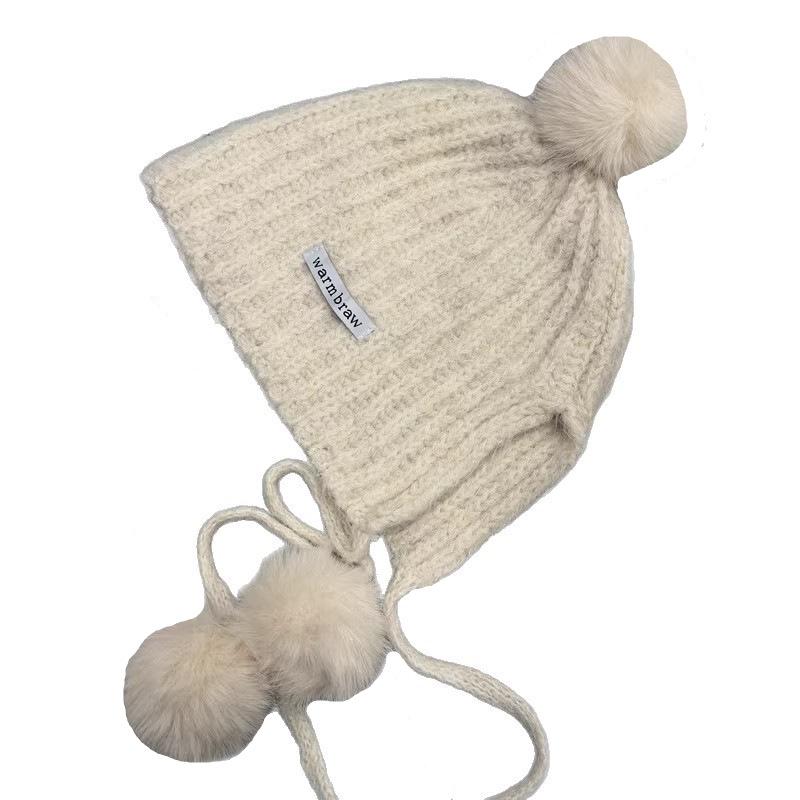 Autumn and Winter Ear Protectors, Warm and Thin Age-reducing Wool Hat, Women's Rear Split Fork Hairball Loose Knitted Hat, Lei Feng Hat Tide