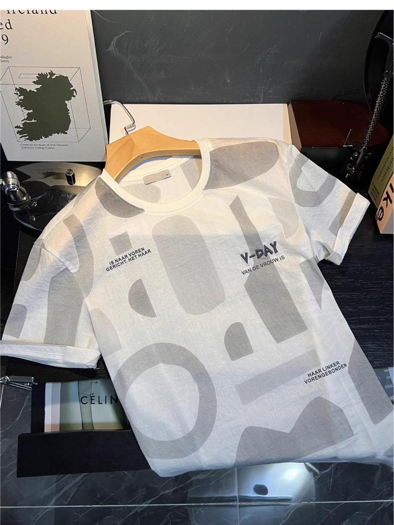 Men's Ultra-Thin Hip Hop Letter Print Short Sleeve T-Shirt, Summer 2024 Korean Style