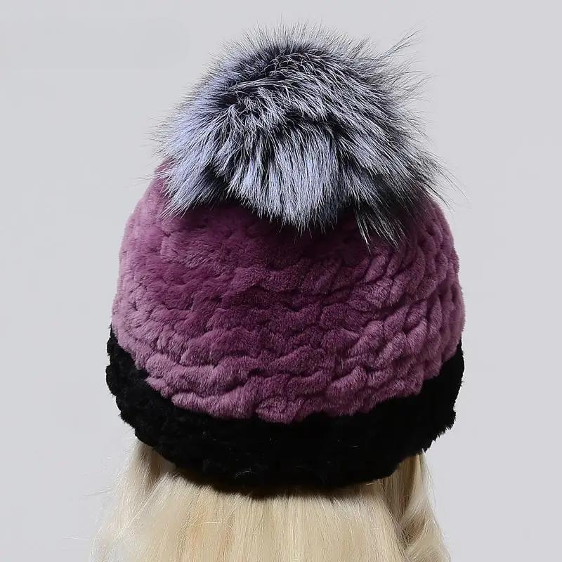 Winter Hat Women Pompom Warm Natural Rex Rabbit Fur Cap Thick Headwear Classic Popular Female Stylish Knitted Hat