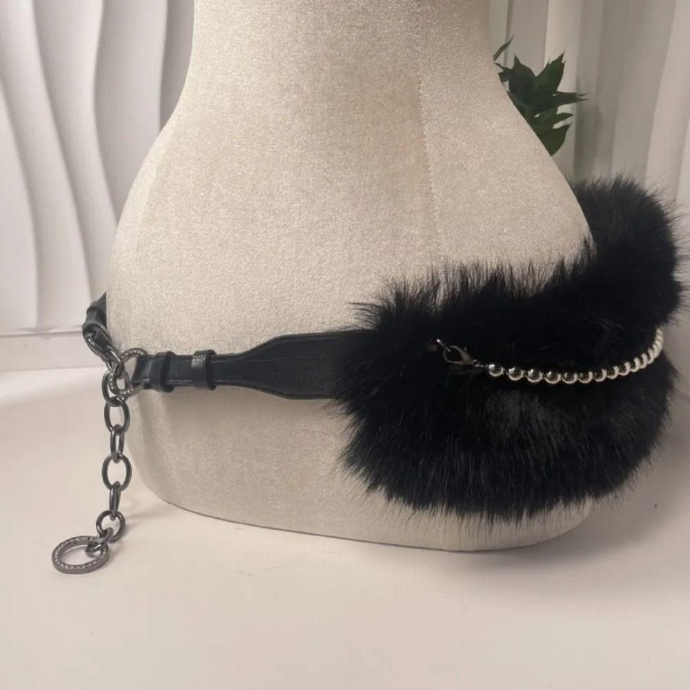 Y2K Faux Fur Belts Women Fashion Plush Waist Chain Retro Metal Bead Chain Belts  for Club Party