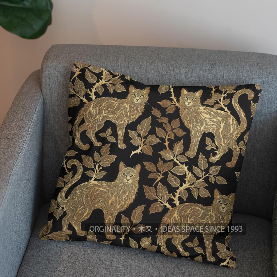 2D Golden Cats And Thistle Pattern Pillow Cover Pattern Cushion Cover Suitable For Sofa Bedroom Car Pillow Cover