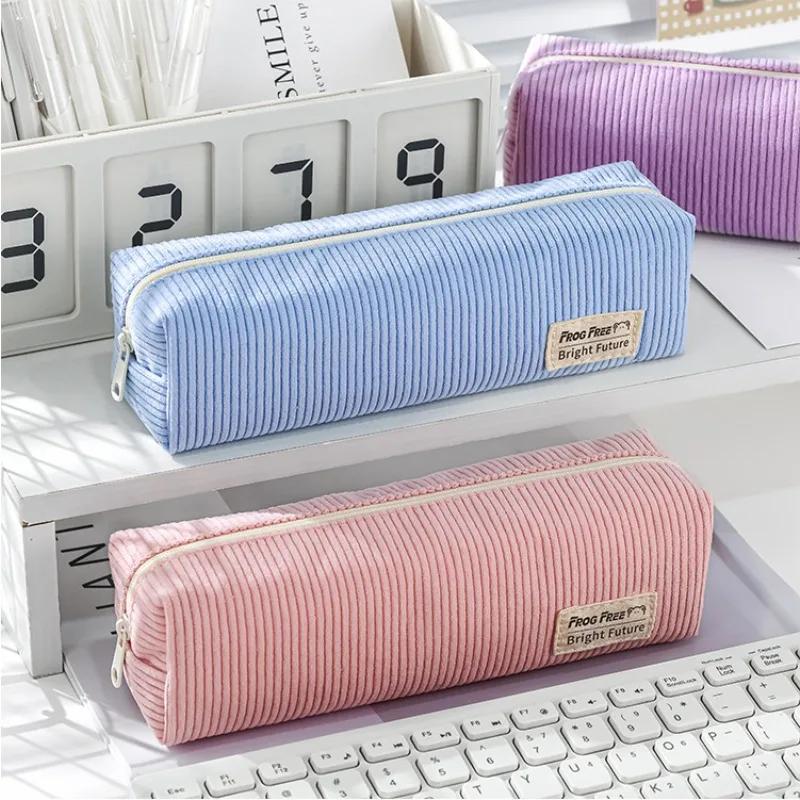 Retro Corduroy Solid Color Pencil Case Pen Box Artistic Minimalist Stationery Storage Bag Pencil Pouch School Student Supplies