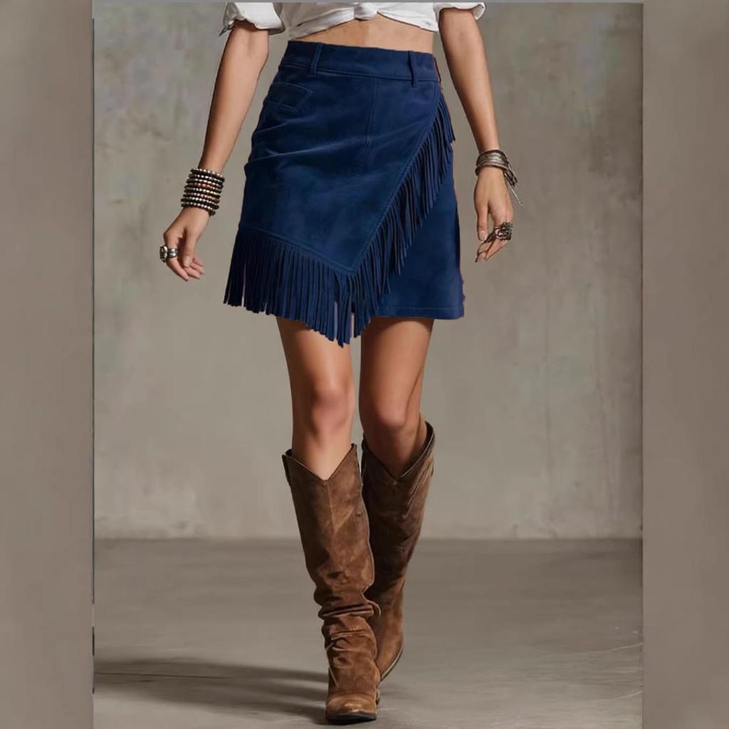 Retro Western Style Suede Asymmetrical Hem Plush Bodycon Skirt for Women