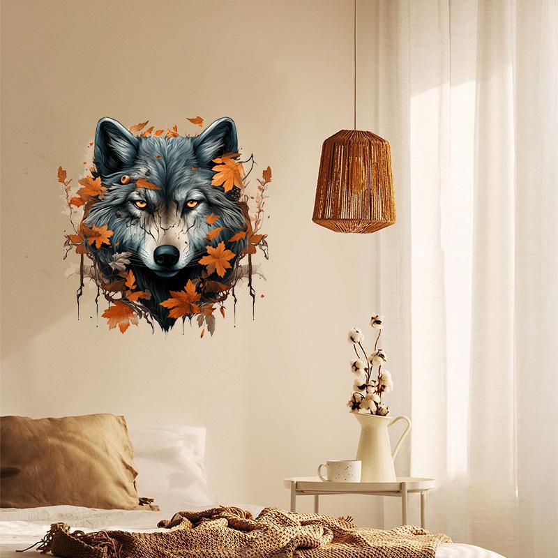 Thanksgiving Maple Leaf Wolf Head Stickers Self Adhesive Wall Decoration for Bedroom Door Bedhead Background Home Decore