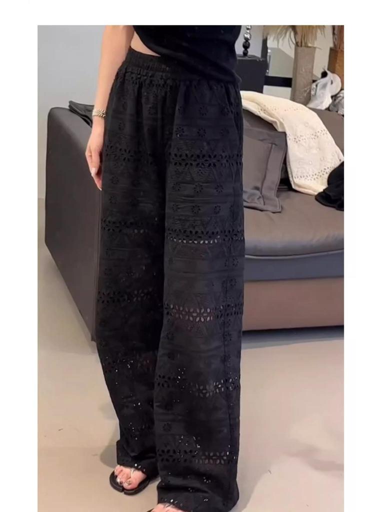 Summer 2025 Women's Lace Hollow Wide-Leg High-Waist Draping Pants - Ice Silk Cool & Casual Petite Fit