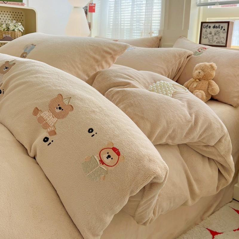 Ins Cute Cartoon Milk Fleece Bedding Set Winter Flannel Duvet Cover Sheet