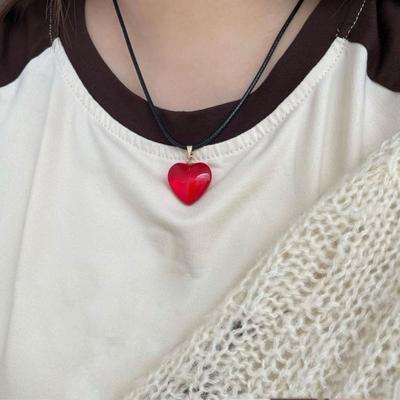 Big Heart Crystal Pendant Korean Red Heart Necklace Bright Red Crystal Heart Charm Necklace Black Rope Y2K Jewelry For Women