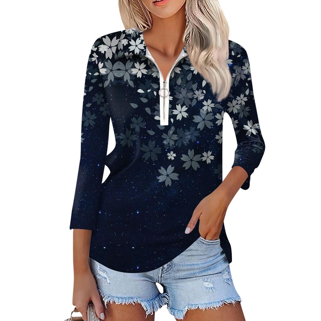 Women's Summer Fashion Casual Printed V-Neck Seven-Point Sleeve   Shirt Top