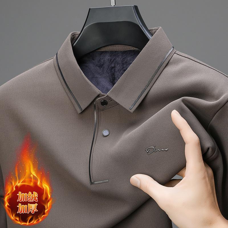 Winter Velvet Seamless Polo Shirt Men'S Casual Solid Color Thickened Lapel Long-Sleeved Polo Shirt