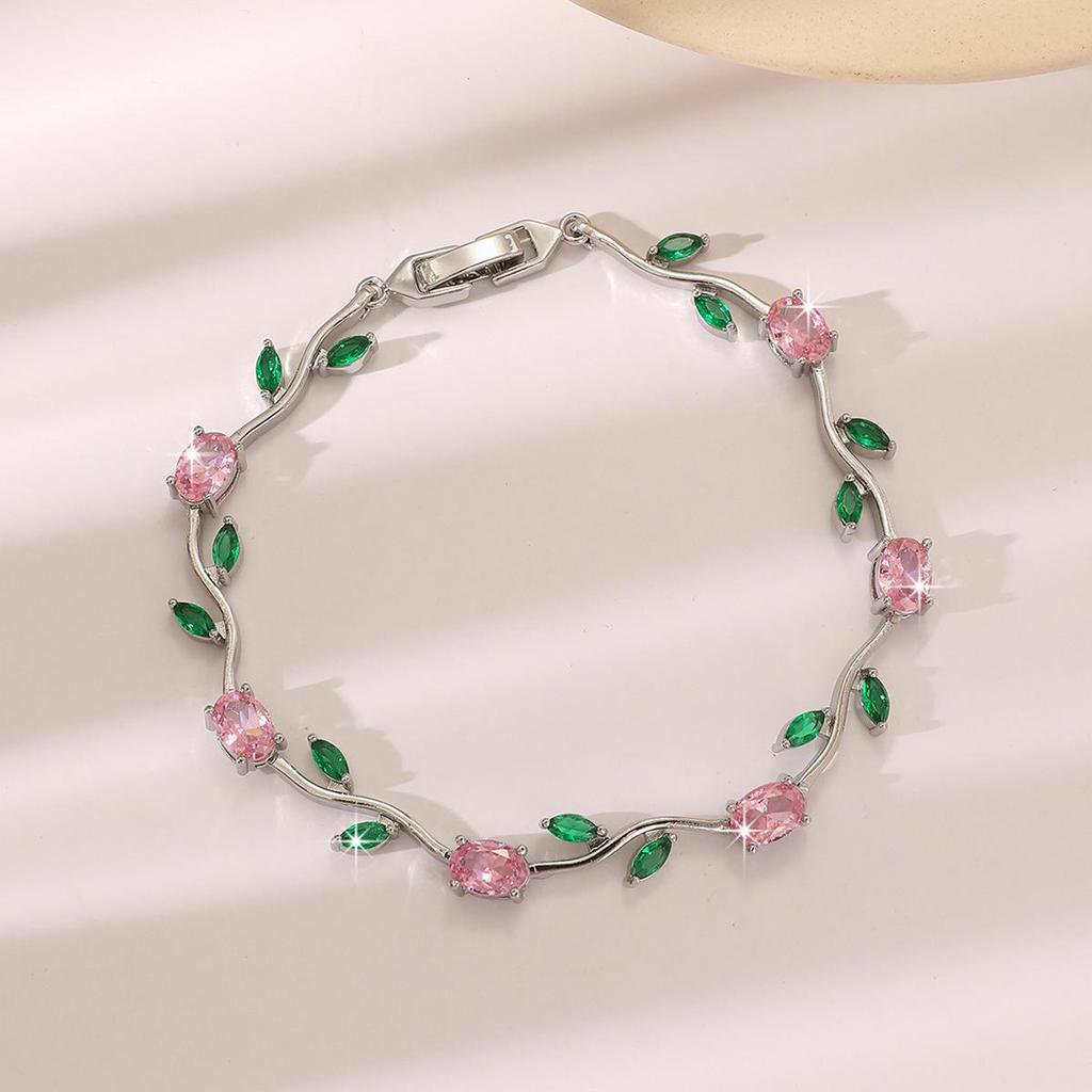 Bracelet Feuille Plaqué Or avec Incrustations de Zircon Hachuré et de Diamant