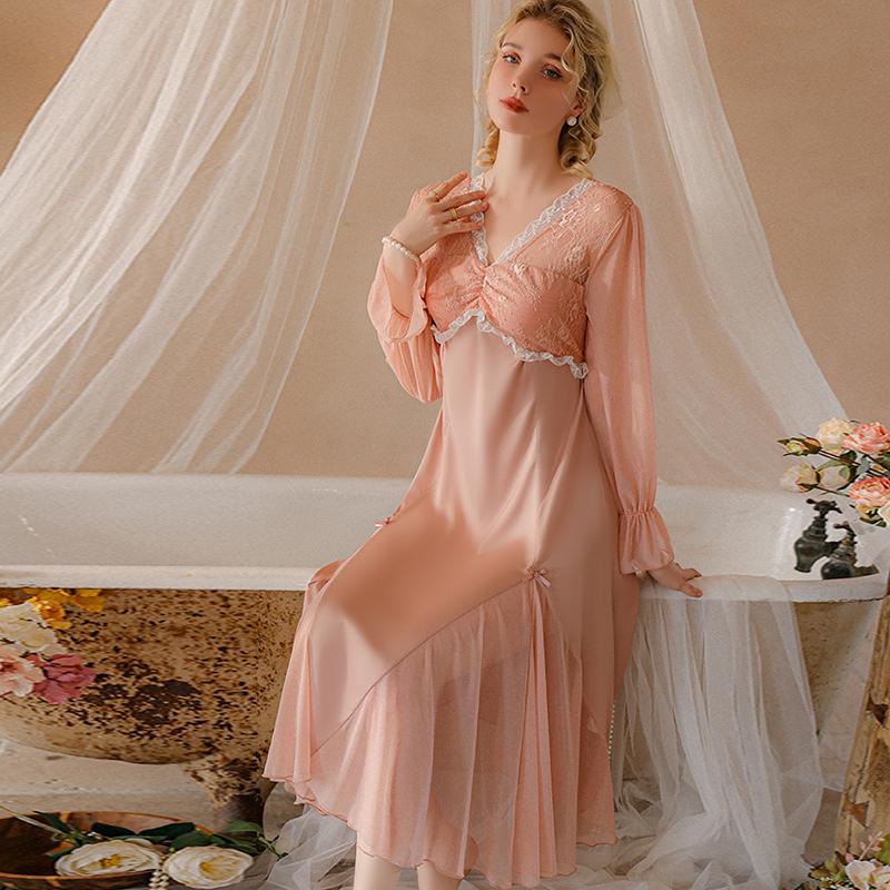 Women Sexy Sleepshirts Lace Patchwork Mesh V-neck Dress Nightgowns Porn Translucent Long Lounge Comfortable Clothing