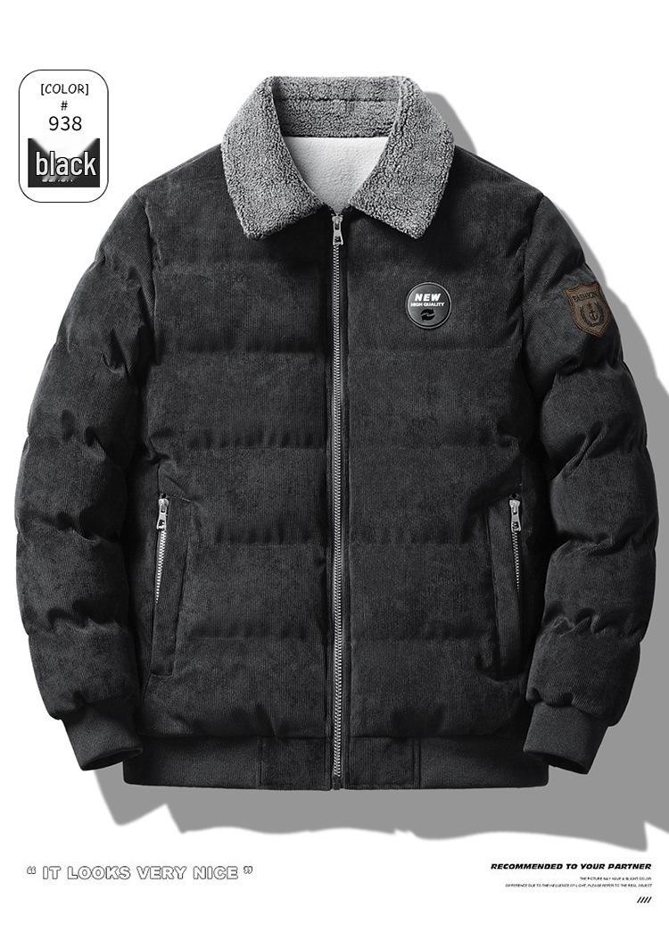 Men s Winter Velvet-lined Corduroy Jacket with Thick Lapel M чёрный