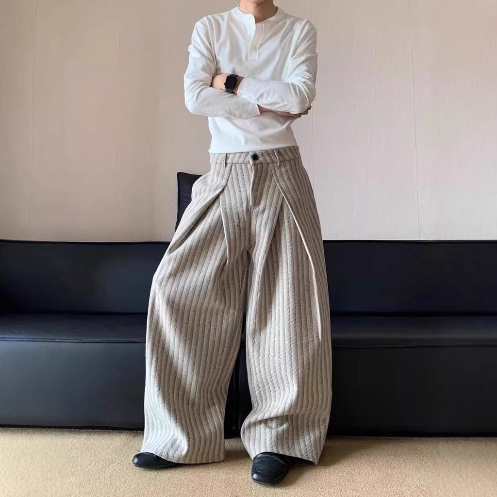 Pantaloni casual larghi a righe stropicciati stile old money americano uomo e donna autunno inverno versatili cleanfit pantaloni di lana
