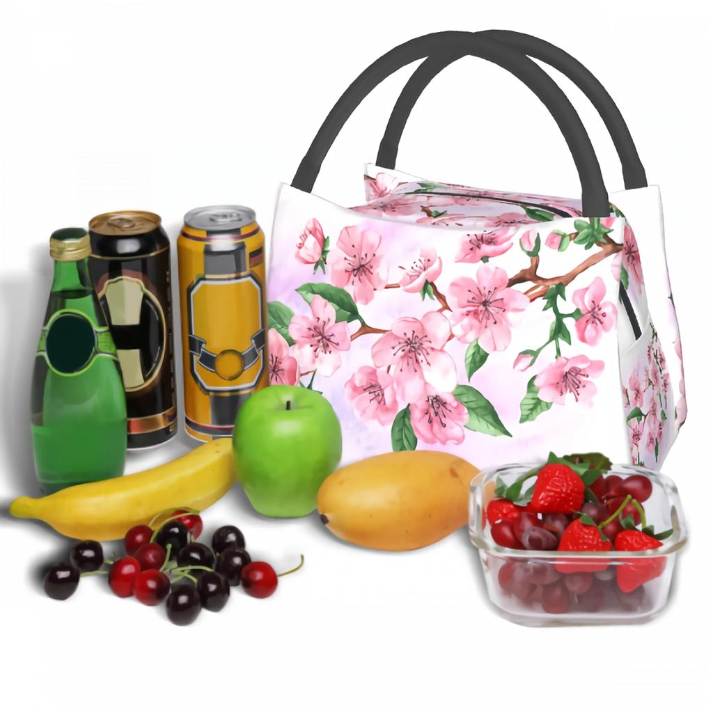 Watercolour Sakura Flowers And Leaves Lunch Bags Cherry Blossoms Lunch Box for Men and Women Work Picnic or Travel