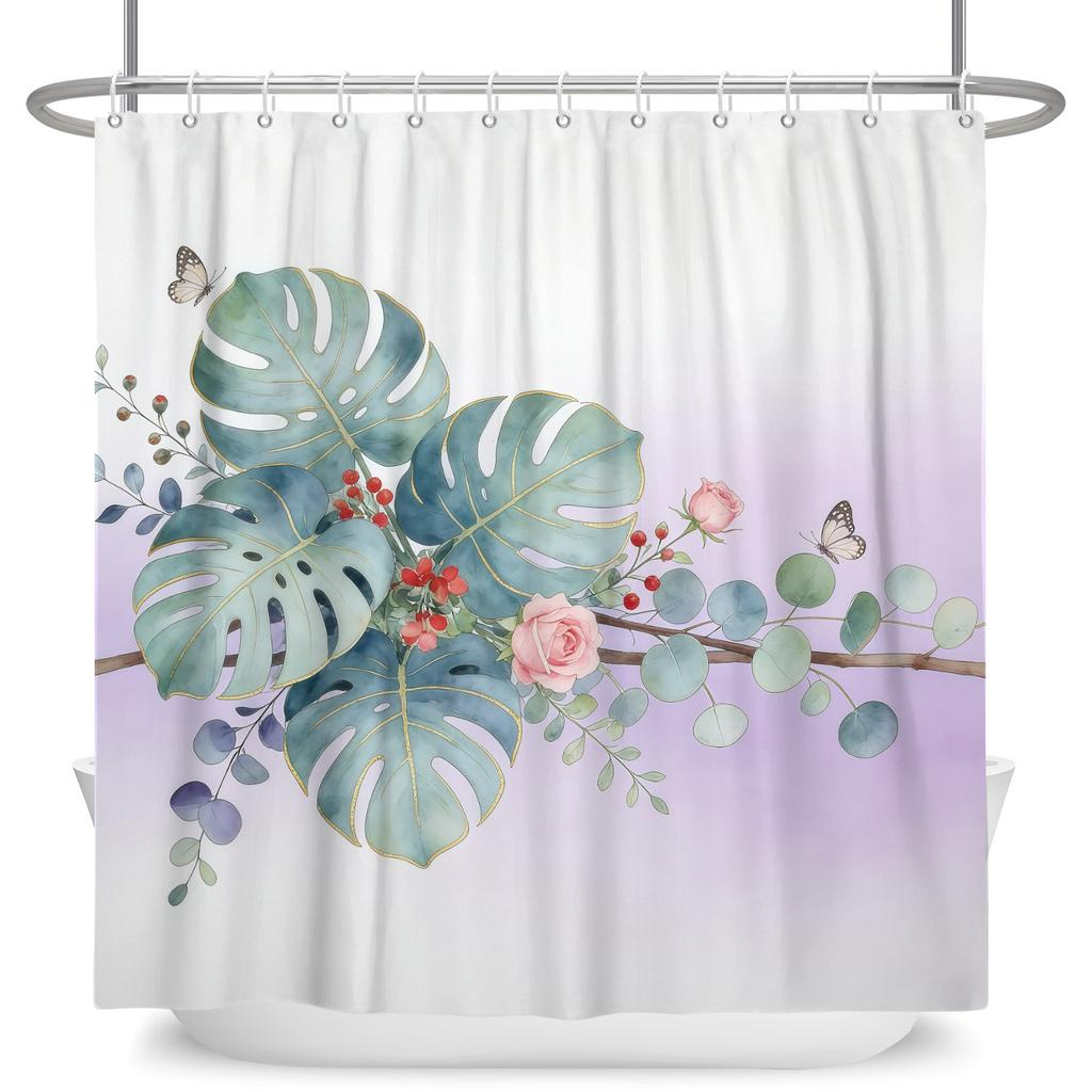 Tenda Doccia Minimalista Impermeabile Tenda da Bagno Per Decorazioni Bagno Design Floreale Foglia Acquerello Poliestere Con Ganci