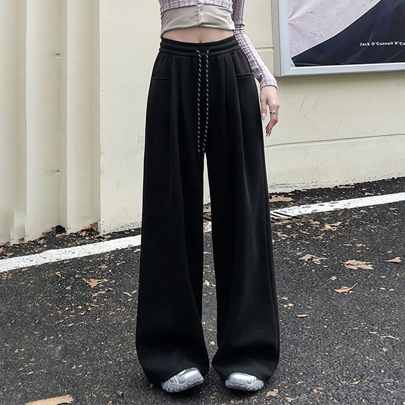 

Корейская мода женские повседневные винтажные свободные брюки Y2K с широкими штанинами, завязывающиеся на завышенной талии, длинные брюки, уличная одежда XL чёрный