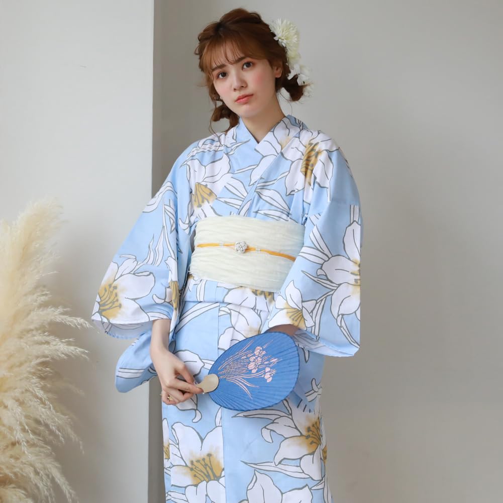 16 modele din care poți alege Set Yukata heko obi Tokimeki dragoste de vară Yukata heko obi set 2 piese crin pe lumină (2.Albastru mare)