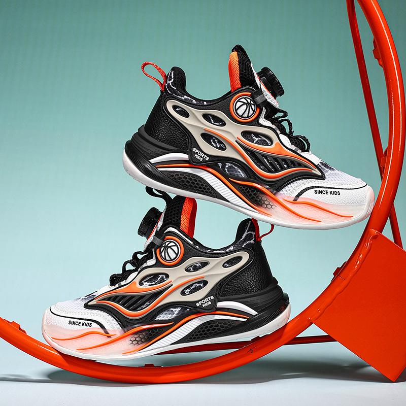 Boys basketball shoes 2025 spring new rotating buckle classmate mesh breathable waterproof non-slip middle and older children's running shoes