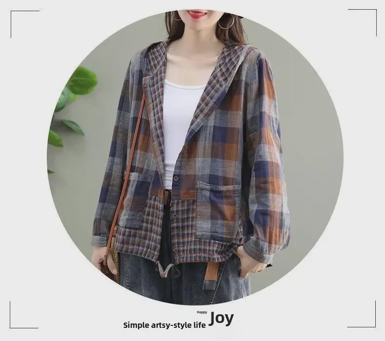 Women's Retro Plaid Hooded Cardigan Shirt