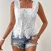 Women's Square Neck Sleeveless Lace Tank Top Slim Fit Hollow Crochet Scallop Hem Vest