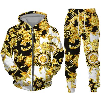 Tuta da uomo con cerniera di lusso modello dorato stampa 3D Set felpa con cappuccio + pantaloni casual set da 2 pezzi felpa oversize moda uomo vestiti
