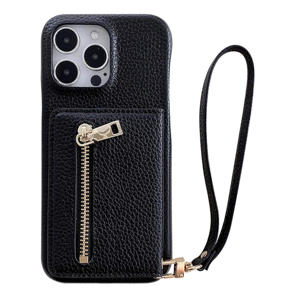 For iPhone 14 Pro Max Case Card Slots Kickstand PU Leather Back Cover with Zipper Pocket, Wrist Strap