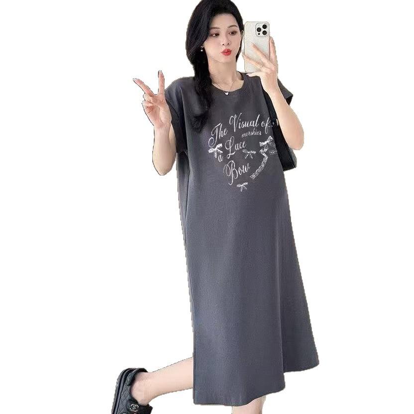 

Round-neck Printed T-shirt and Skirt for Women, Korean Style Loose, Casual, Youthful and Fashionable, Fly-sleeved Slit Dress Long Skirt for Summer M темно-сірий