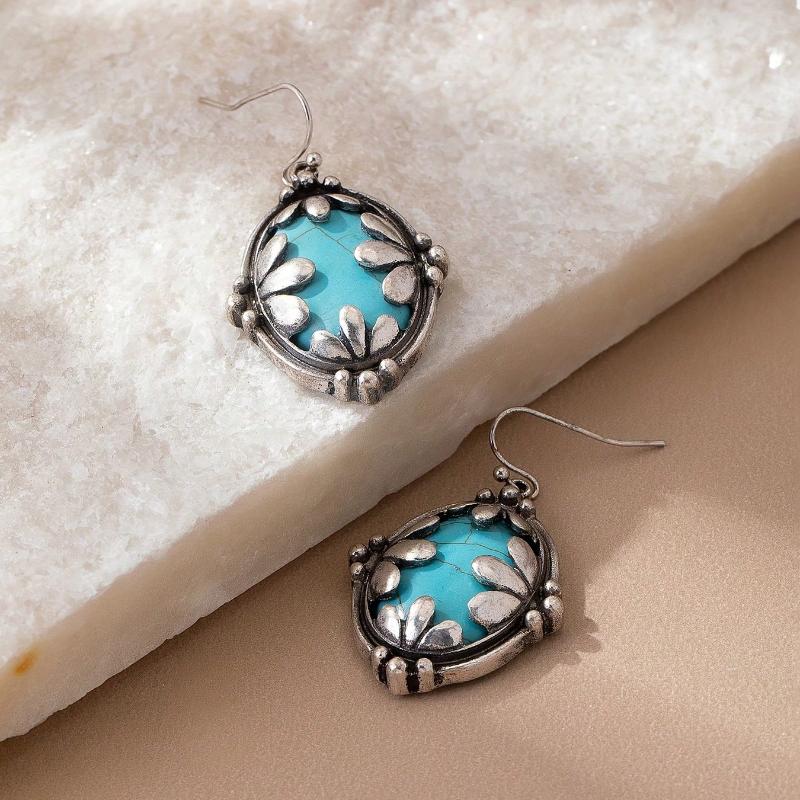 Retro Trend Inlaid Stone Oval Pendant Earrings, Women's Personalized Ethnic Style Holiday Accessories Gifts