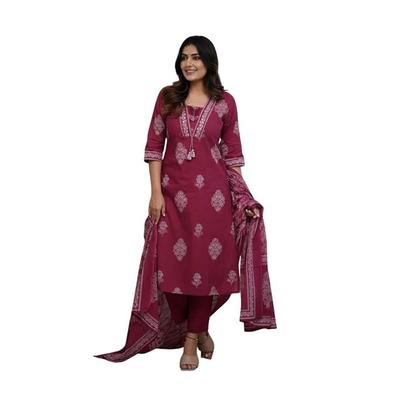 Dámská kurta z čisté bavlny s potiskem a ruční prací se setem kalhot a dupatty | Etnický set | Set obleku | Set kurty | Svatební set obleku