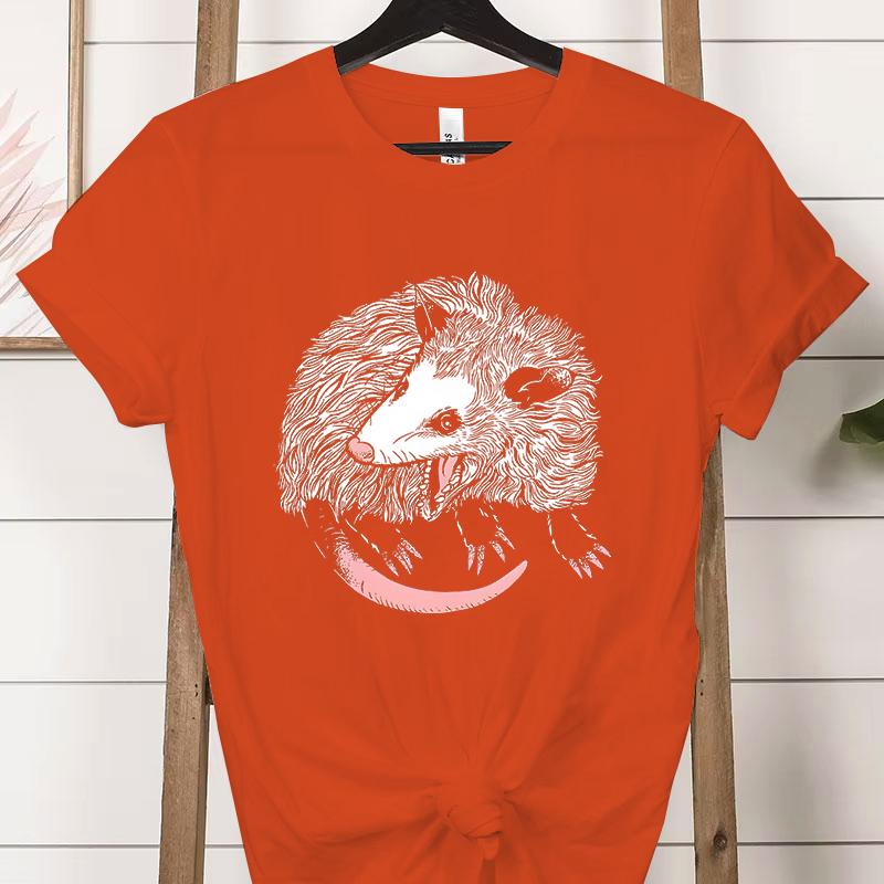 Opossum Lover Short Sleeve T-shirt Crew Neck Angry Possum Graphic T Shirts Women Funny Retro Opossum Street Cats Classic Tops