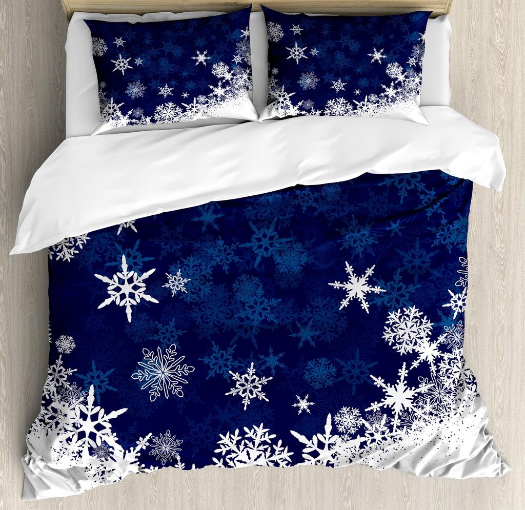 Winter Duvet Cover Merry Xmas Theme Delicate Snowflakes Cold Freezing Weather Vintage Holiday Pattern Room Decorative Women Kids