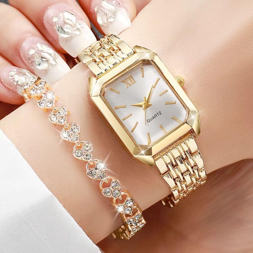 Fashion Watch and Rhinestone Bracelet Set Rectangle Ladies Wristwatches Girls Clock Festival Gift