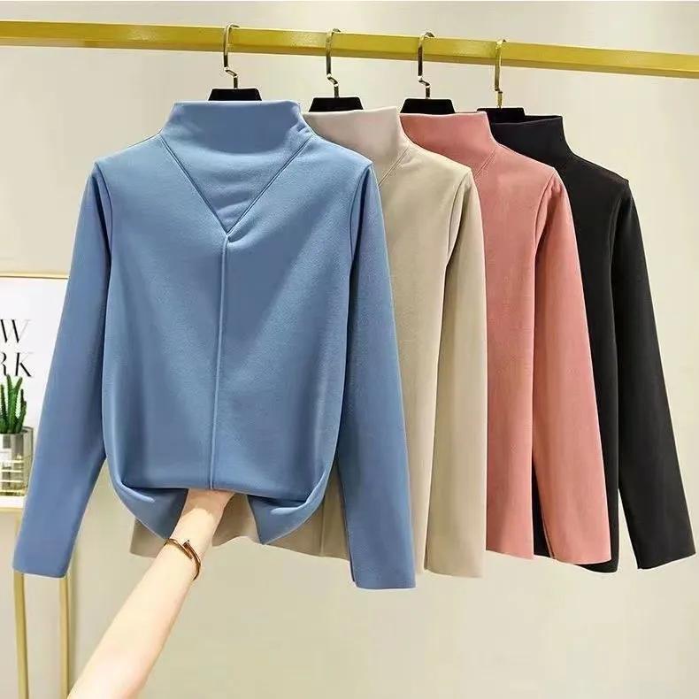 Autumn Winter Women's Velvet Half-High Collar Slim Long-Sleeve Thick Heat Storage Top