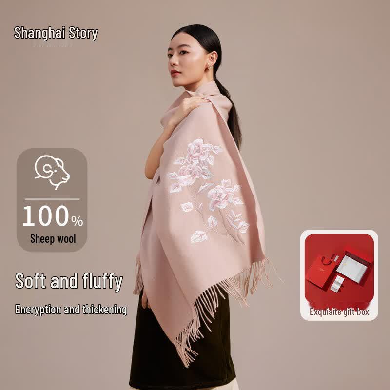 Shanghai Story 100% Wool Embroidered Shawl 200x70cm (with Fringe)