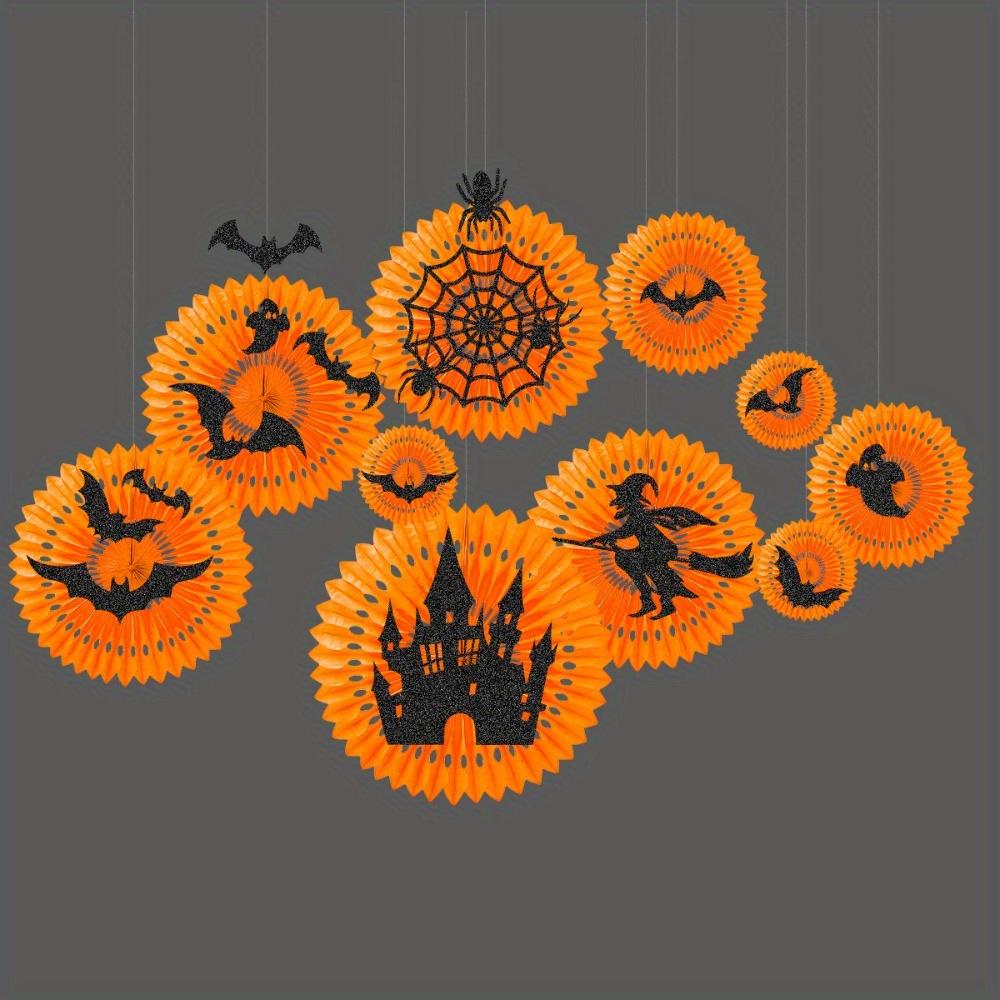 2sets Halloween Party Decoration Festival Set Halloween Tissue Paper Pom Poms Halloween Paper Fan Decorations Orange Fans with Bat Castle Witch Motifs