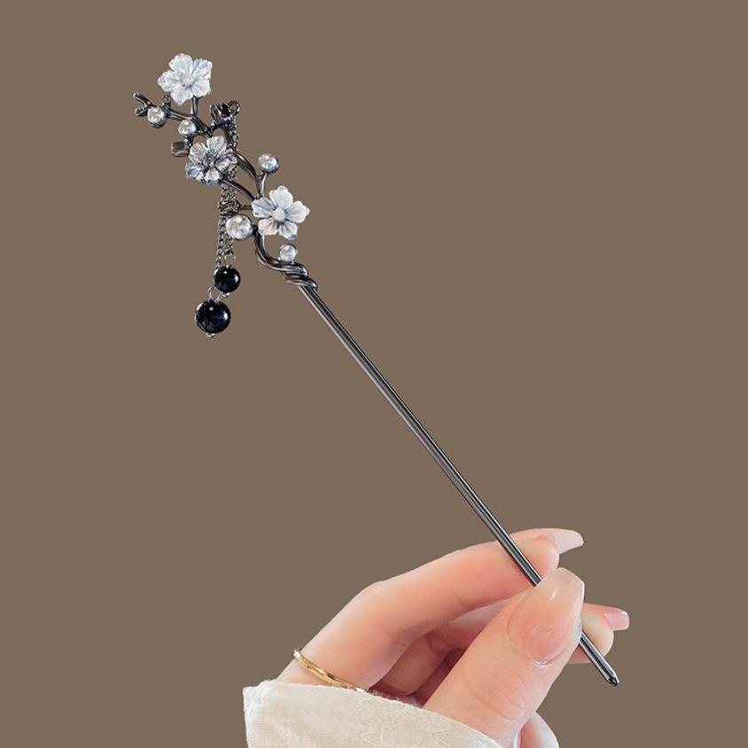 Modern Metal Hair Stick Ink Flower Metal Tassel Hairpin Forks For Women Black Beads Hair Clasp New Chinese Hanfu Hair Jewelry