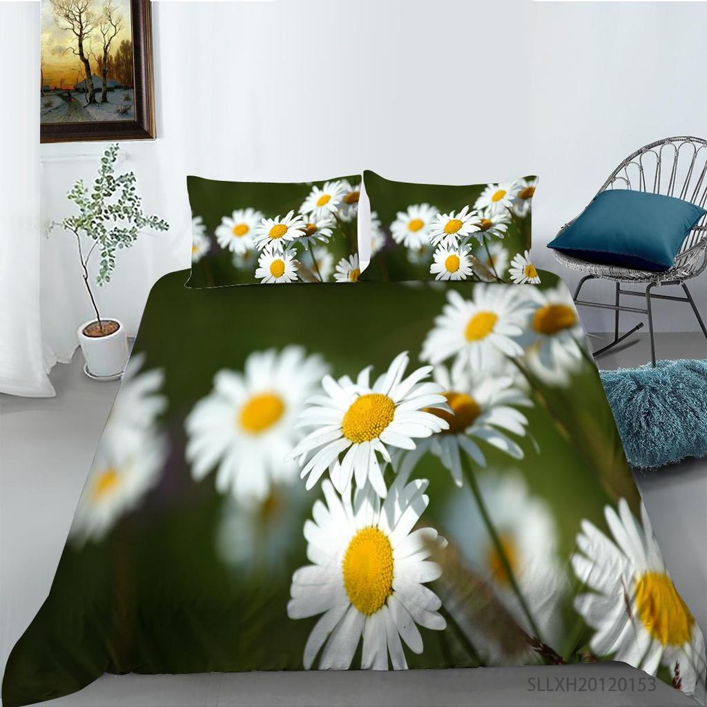 3D Printing Household Bedding Set Chrysanthemum Printing Pillowcase and Quilt Cover 2/3 Pieces of Plant Microfiber Comfortable Household Bedding