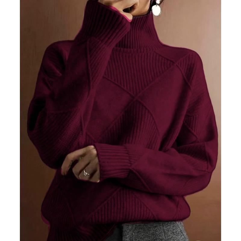 

Autumn and winter new casual versatile knitted sweater loose turtleneck warm sweater solid color knitted pullover women 2XL бордовый
