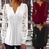 V Neck Lace Blouse Women Casual Vintage Hollow Out Long Sleeve Shirt Slim Tops White Solid Pleated Fashion