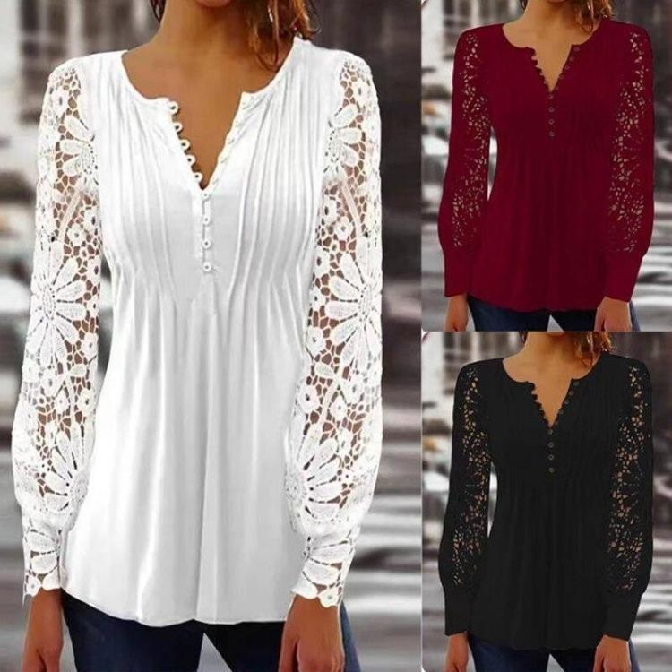 V Neck Lace Blouse Women Casual Vintage Hollow Out Long Sleeve Shirt Slim Tops White Solid Pleated Fashion