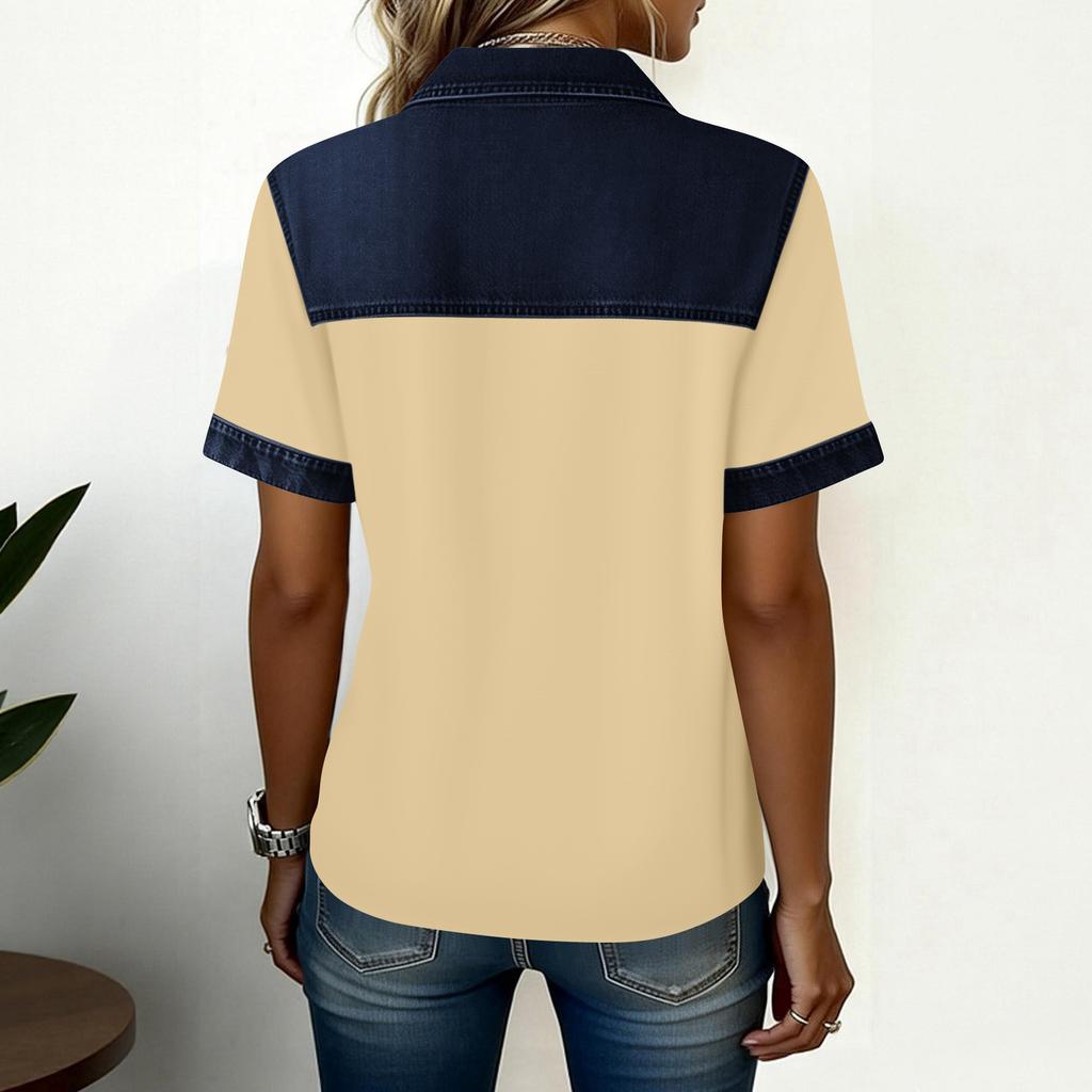 Denim Patchwork Hemden für Damen Stehkragen Lässige Bluse Kurzarm Bequemes T-Shirt Frühling Sommer Mode