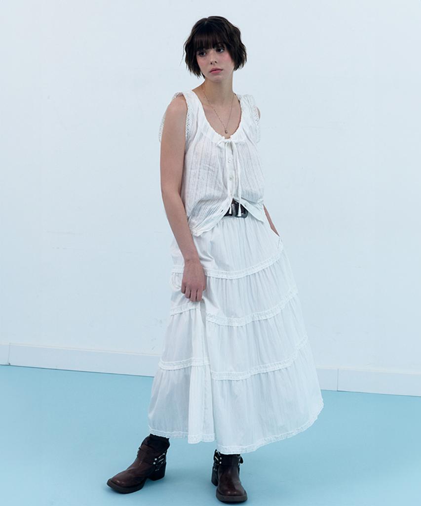 Cloet Tiered Frill Flare Long Skirt - White