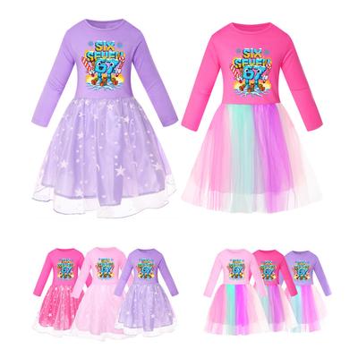 5193 Kinder Mädchen Steal a Brainrot 67 Six Seven Print Mesh Regenbogen Rundhals Lässig Lässig Baumwollkleid
