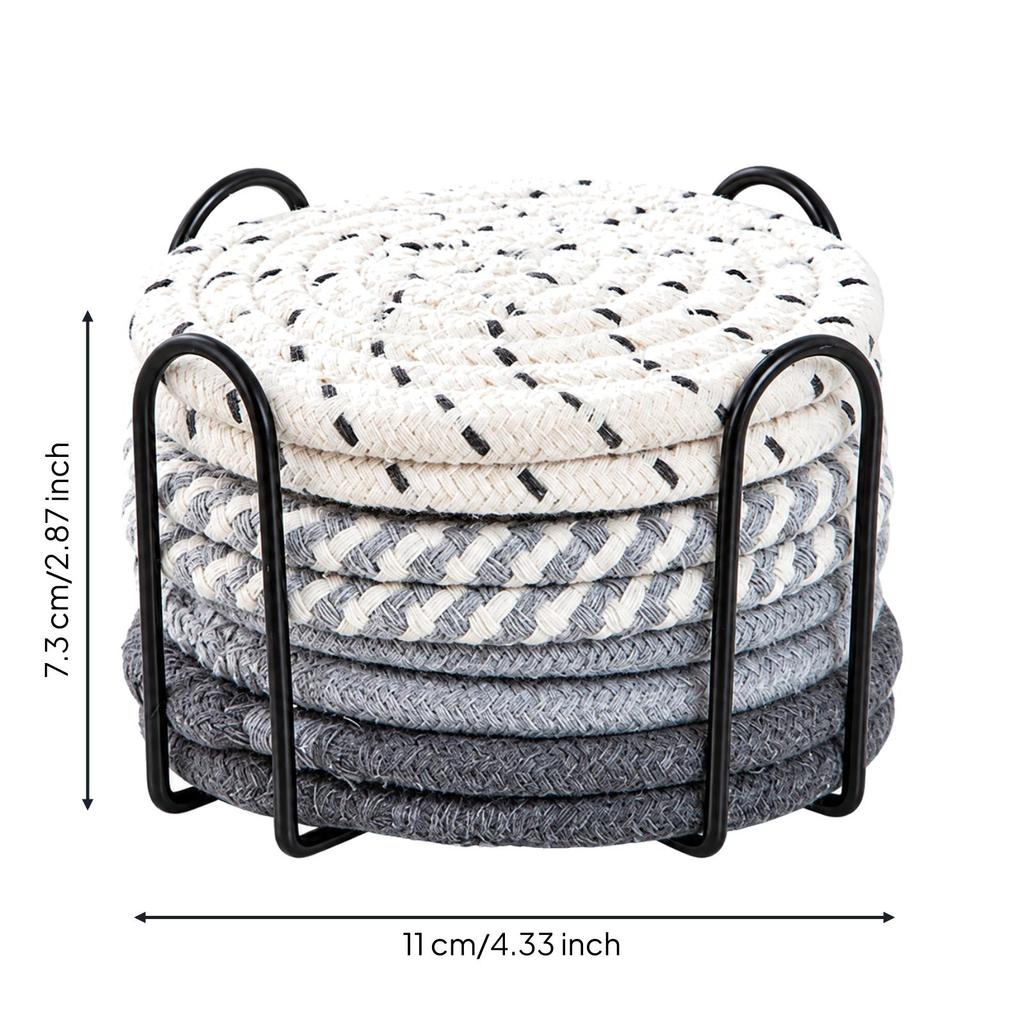 8 Pieces Braided Coaster Washable Set with Metal Storage Rack Reusable Thread Warming Mat