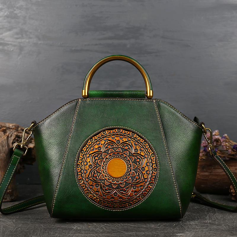 Vintage Polished Totem First Layer Cowhide Women's Bag Handmade Embossed Handbag Genuine Leather Shoulder Messenger Bag