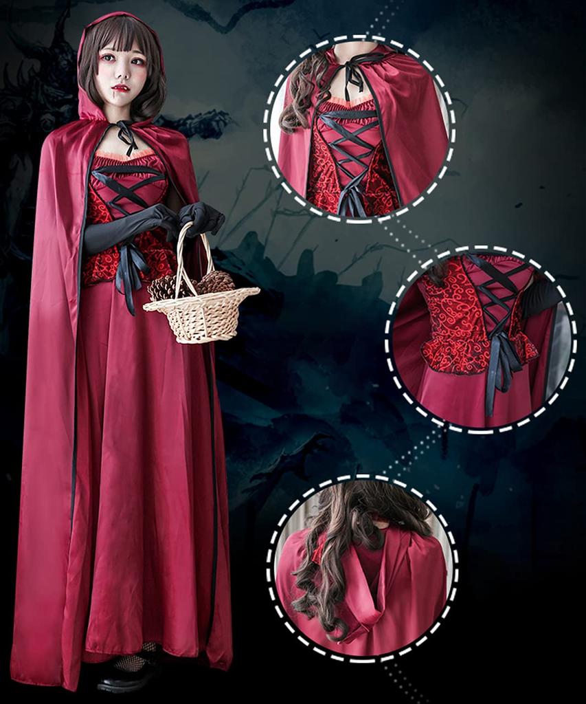 [Milky Time] Little Red Riding Hood Halloween Cosplay Costume, Long Dress with Cloak