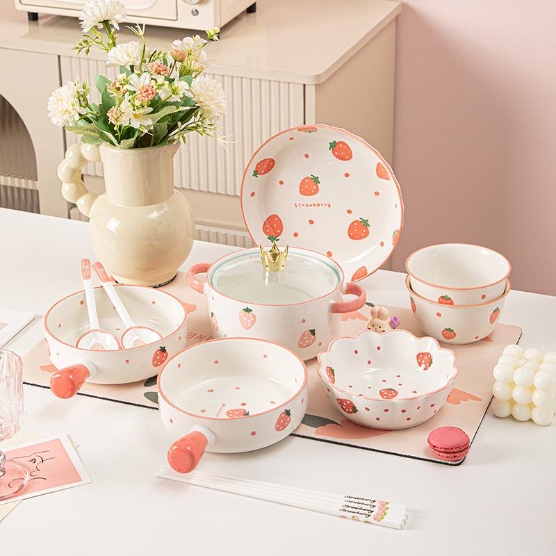 Strawberry Ceramic Bowl & Plate Set: Cute, Girly Dinnerware for Kids' Meals