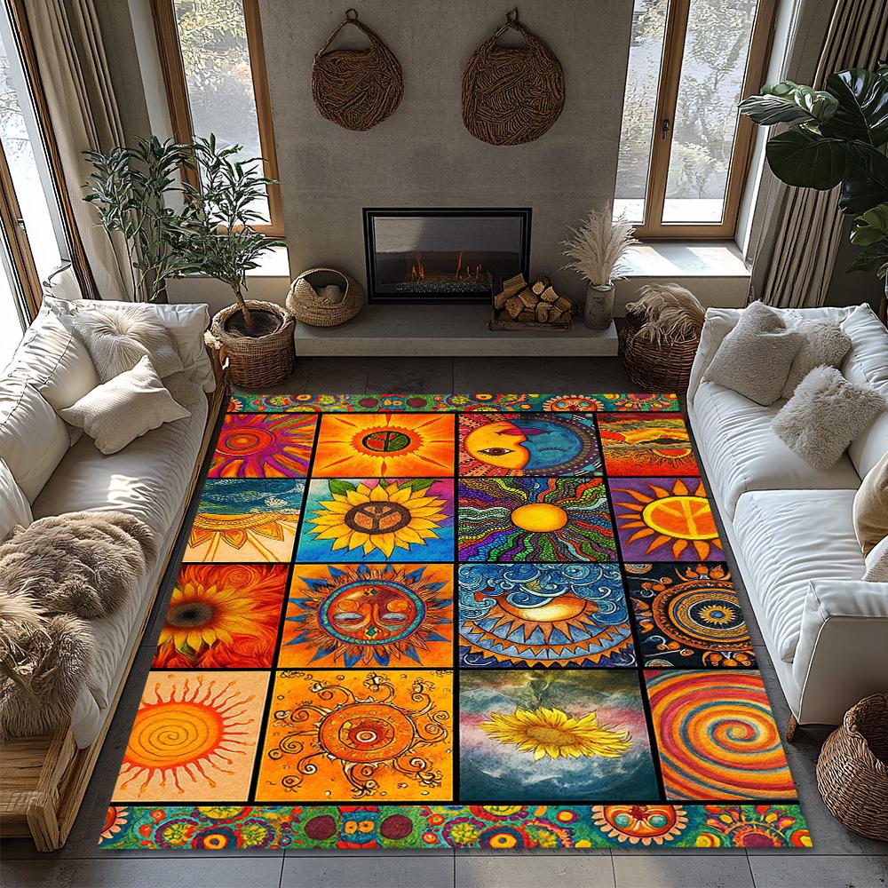 Bohemian Patchwork Teppich, Mehrfarbiger Sonnenblumen Spiral Design Teppich, Weiche Rutschfeste Sofamatte für Gemütliche Wohnzimmer Deko