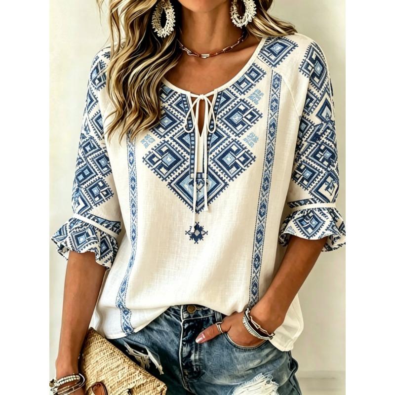 Women's Boho Geometric Tribal Print Tie Front Blouse, Casual Loose Top for Spring Summer Daily Wear